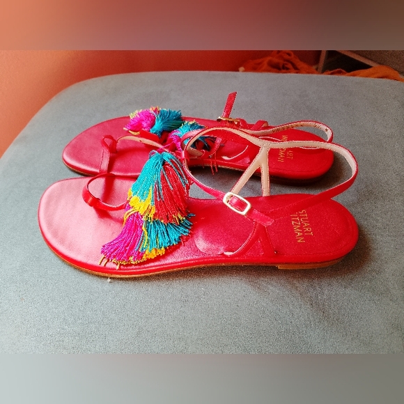 STUART WEIZTMAN Size 9.5 Vibrant Red Jabow Fringe Tassel Thong Sandals - Picture 8 of 16